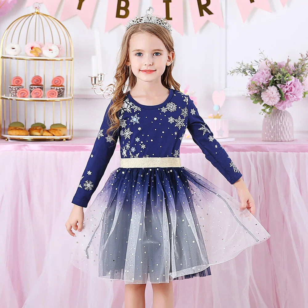 VIKITA Girls Snowflakes Print Christmas New Year Xmas Festival Princess Elegant Dresses Kids Long Sleeve Autumn Winter Dresses