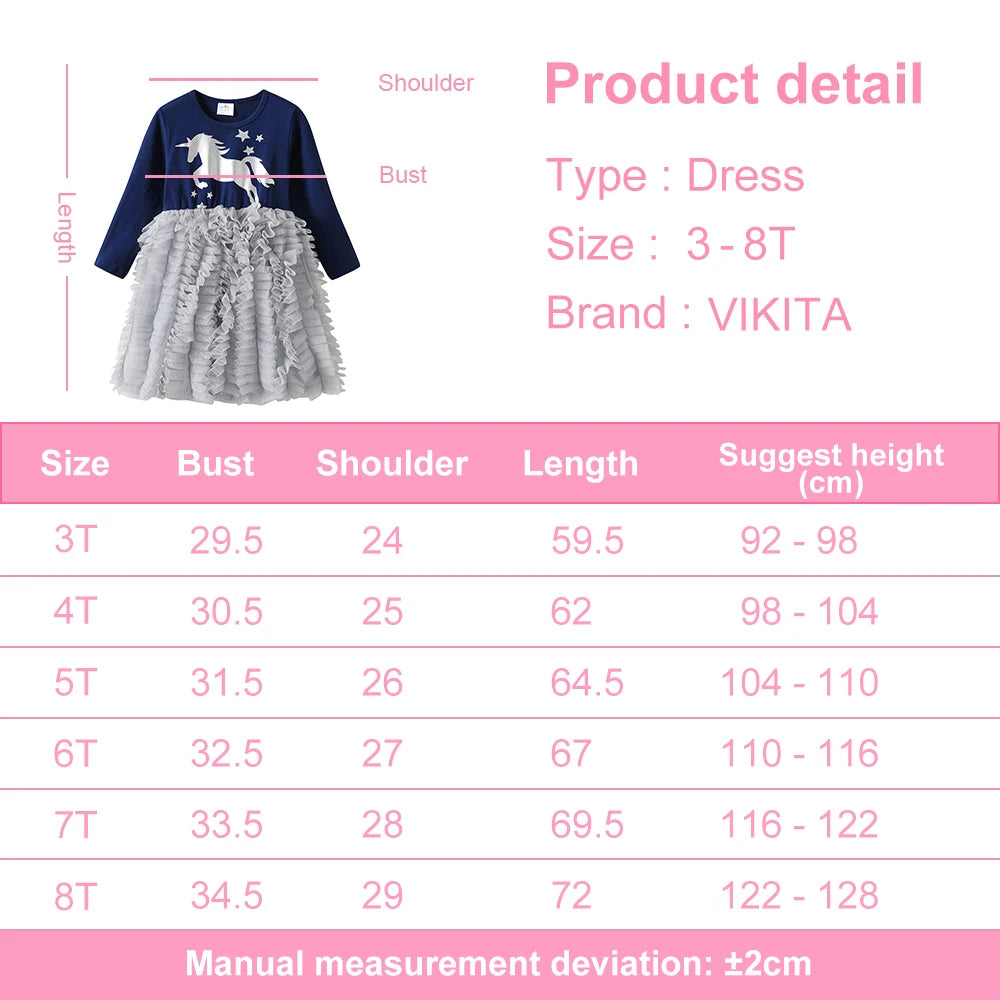 VIKITA Girls Teenagers Licorne Print Cartoon Glittery Dress Kids Navy Blue Grey Tiered Tulle Layered Tutu Princess Dresses 3-8Y