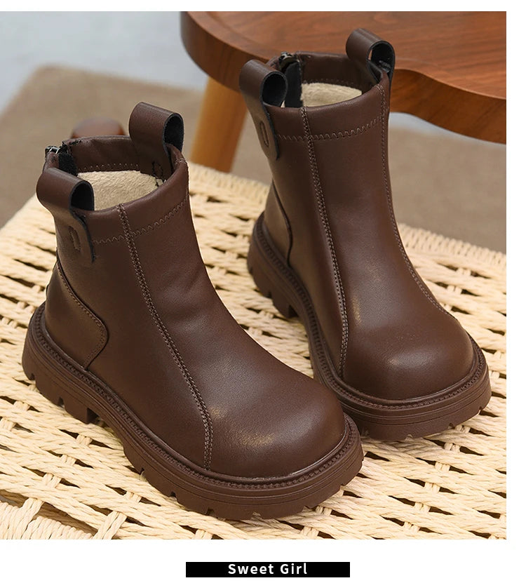 Girls' short boots, genuine leather, children's cotton boots, soft soled leather boots, children's shoes, 2025 autumn and winter