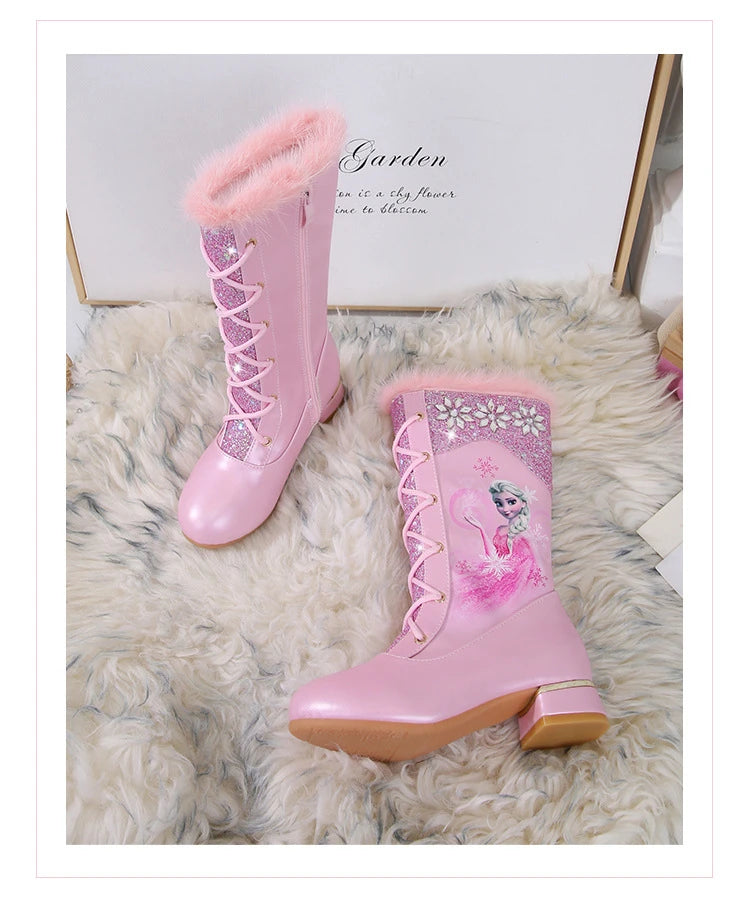 Disney Girls' Leather Boots Winter Cartoon Frozen Boots Side Zipper High Plush Princess Elsa Boots Warm Children's Boots Size 27