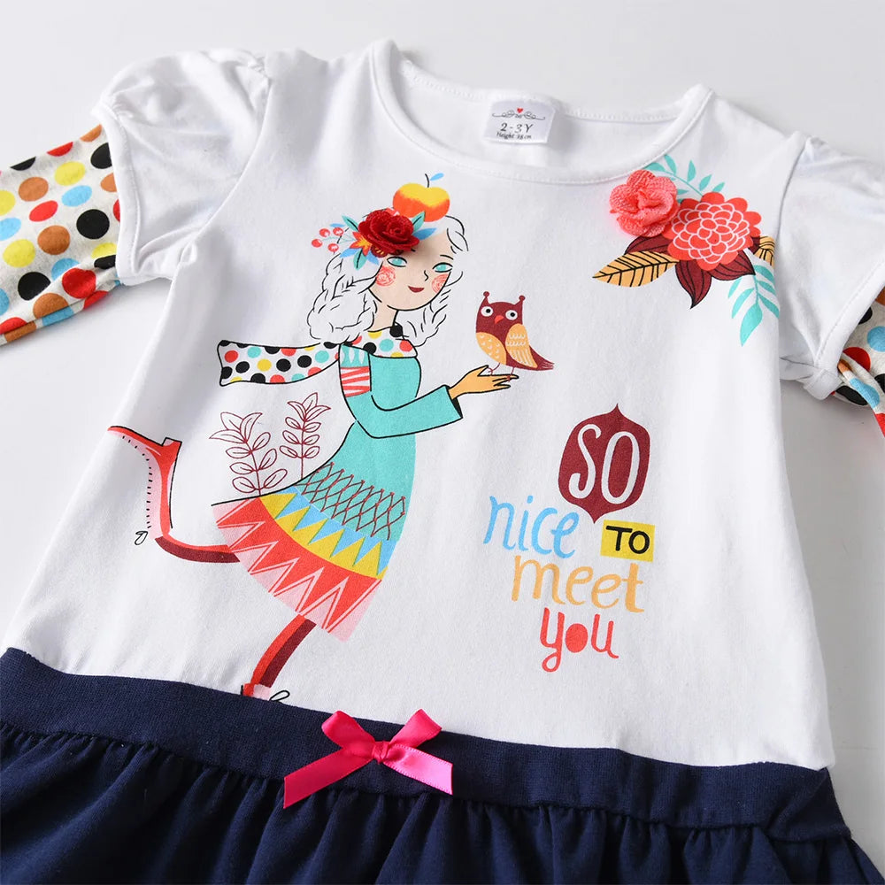 VIKITA Kids Cotton Dress Toddlers Long Sleeve Autumn Spring Doll Floral Print Dresses Girls Casual School Daily Cute Dress 3-8Y