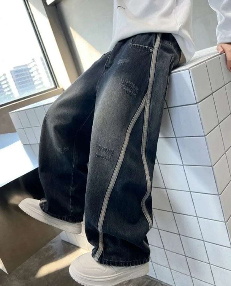 2025 New Boys Straight Jeans Big & Tall Kids Autumn Winter Denim Pants Boys Long Jeans