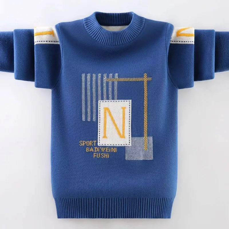 Autumn Winter Boys' Fleece-Lined Thickened Knitwear Pullover Sweater Base Layer for Boys Medium-Large Size Fashionable Knitwear