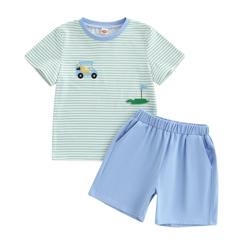 Boys Summer Golf Theme Embroidered T-Shirt and Elastic Waist Shorts Set with Round Neck and Short Sleeves 2-Piece Outfit