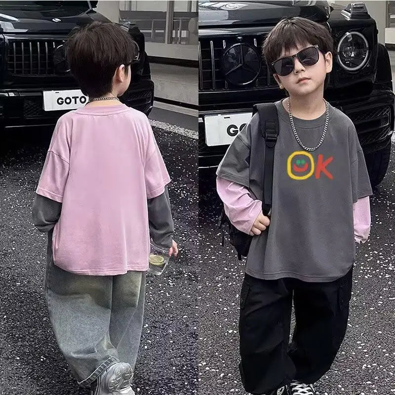 Fake Two Pieces Child Clothes 3 Years Children's Clothing Boys Kids 7 14 T-shirt Boy Tee Elementary Student Men's Graphic Shirts