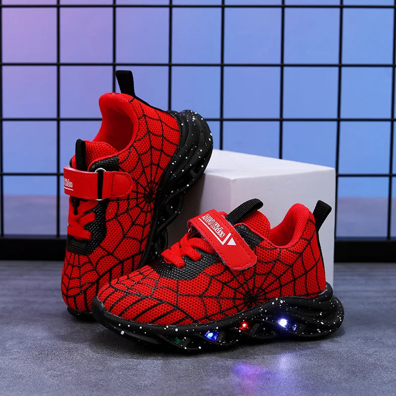 Disney LED Casual Sneakers Spider-Man Red Black For Spring Boys Mesh Outdoor Shoes Children Lighted Non-slip Shoes Size 21-30