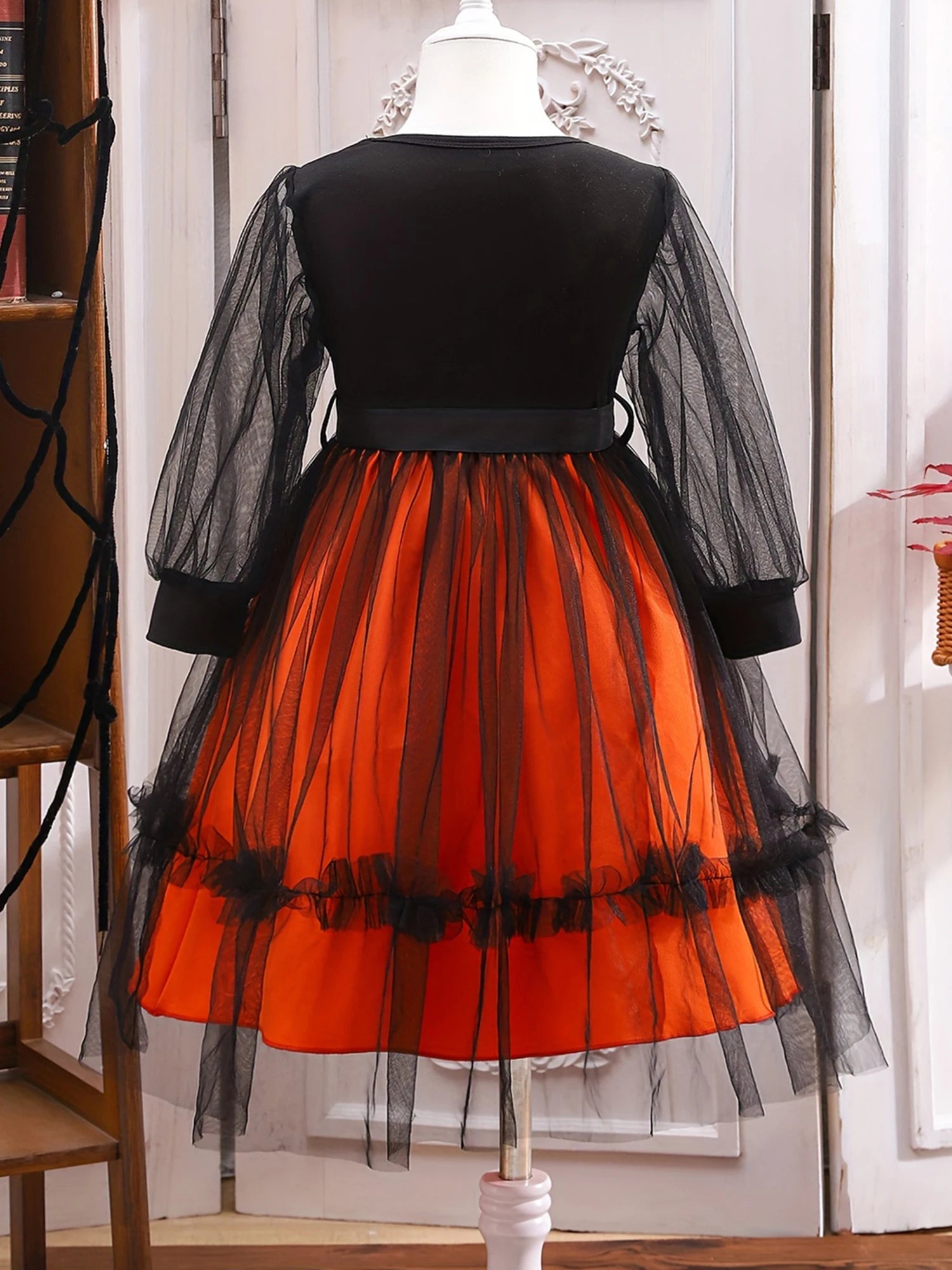 Girls Halloween Costume Dress Skeleton Print Long Sleeve Crew Neck Tulle Patchwork Fall Dress for Kids Party Wear