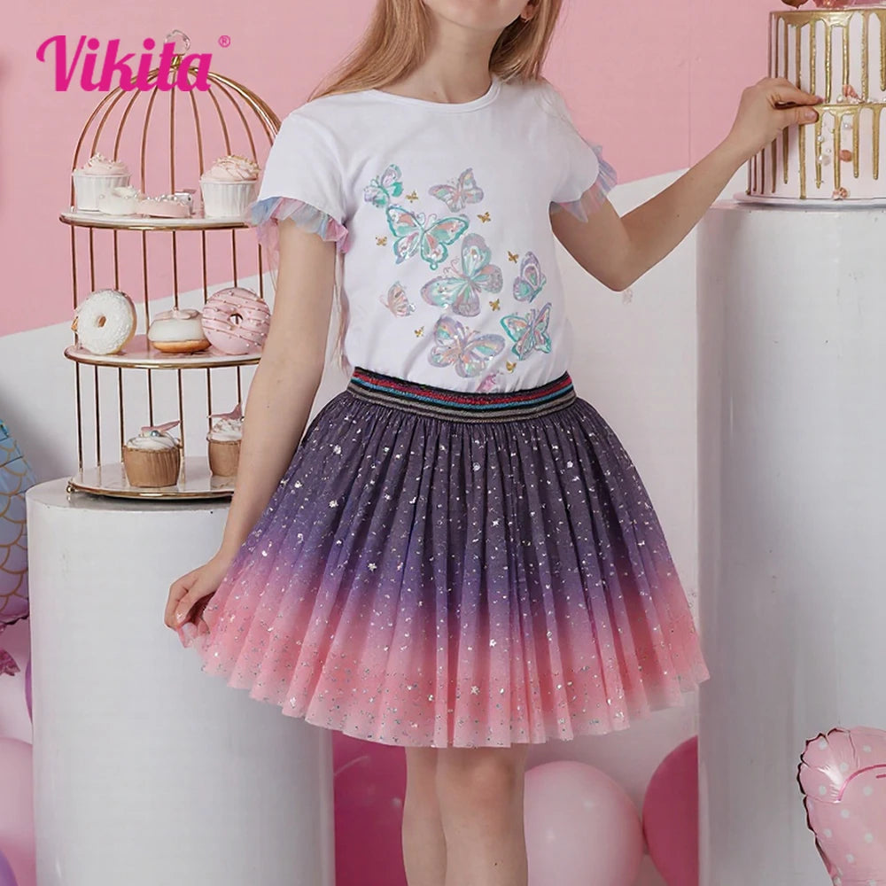 VIKITA Kids Gradient Shiny Sequined Princess Tulle Skirt Girls Birthday Party Ballet Dance Starry Mini Skirts Kids Clothing
