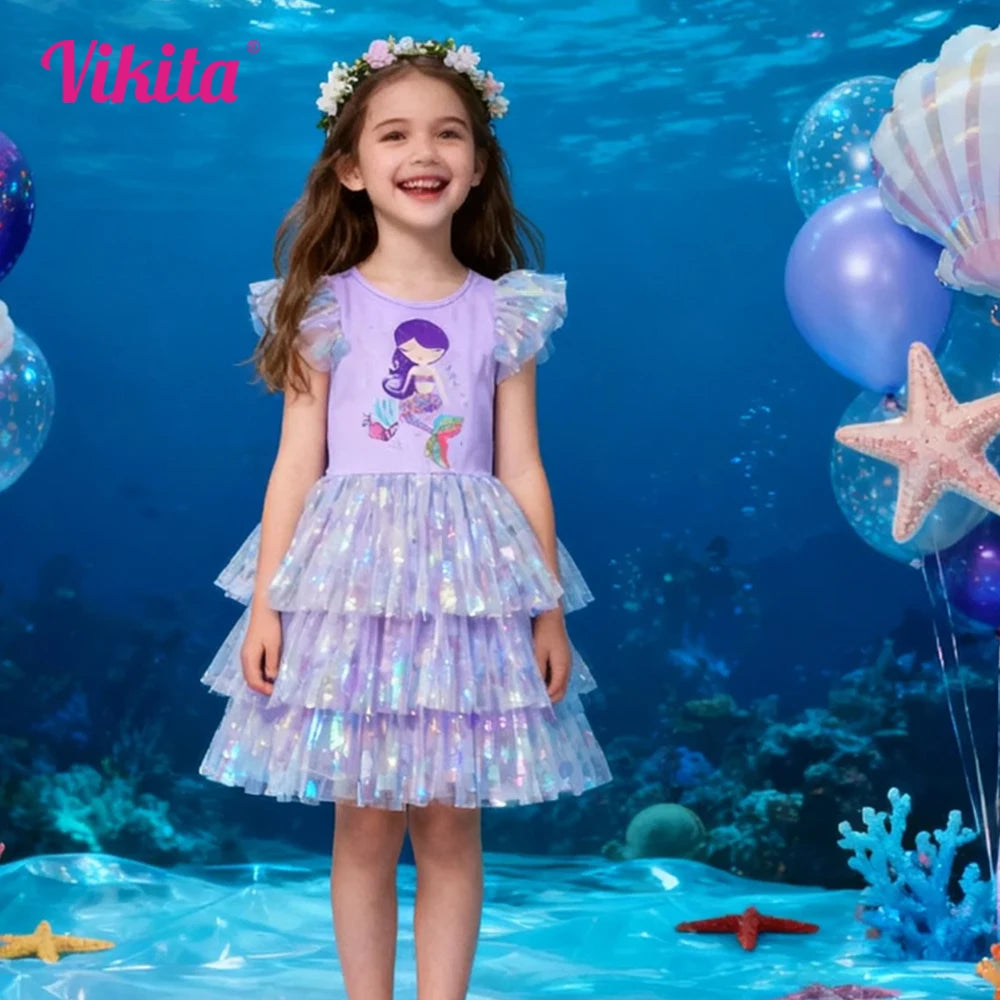 VIKITA Girls Lavender Mermaid Ruffles Tulle Mesh Flutter Sleeves Summer Dresses Girls Glittery Shiny Birthday Party Tutu Dresses