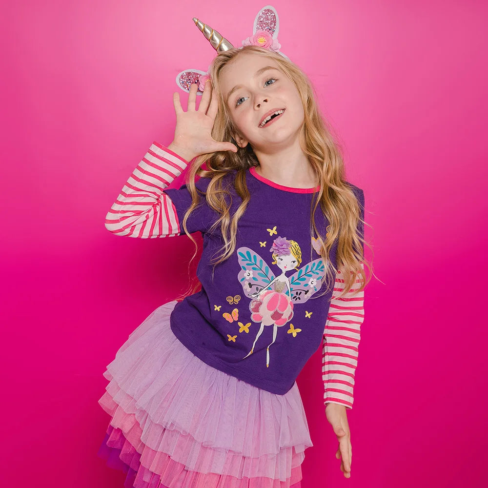 VIKITA Kids Butterfly Doll Cartoon Print T Shirt Girl Autumn Spring Long Sleeve Striped Cotton Casual Tops and Tees Kids Clothes