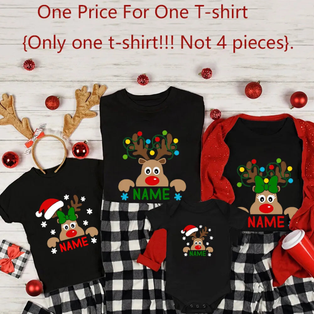 Matching Christmas Family Shirt Custom Name Reindeer Graphic Tees for Family Personalized Holiday Xmas Dad Mom and Me Shirts