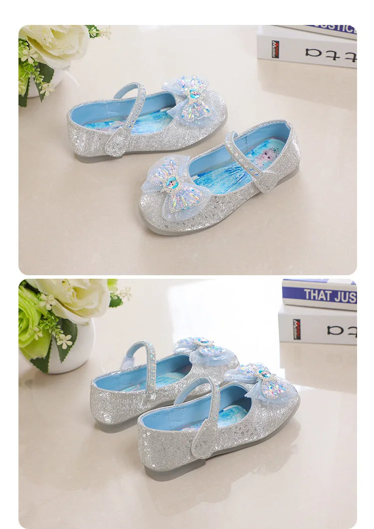 Kids'Casual Shoes Elsa Princess Frozen PU Leather Crystal Bow Spring Shoes For Girls Anti-slip Pink Blue Shoes Size 26-36