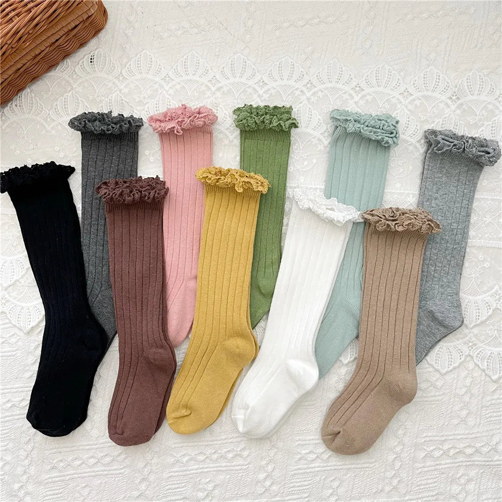 Ruffle Kids Knee High Socks Baby Girls Toddlers Long Soft Cotton Sock Lace Flower Children School Uniform Socks For 0-8Years