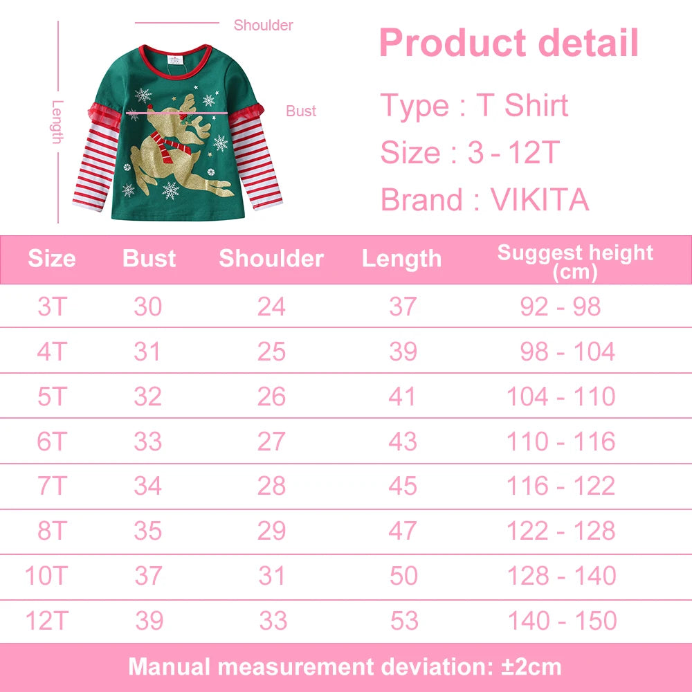 Girls Christmas Green Tops with Ruffle Sleeves Kids Reindeer Snowflake Print Soft Cotton Holiday Party Xmas Festival Tees Gift