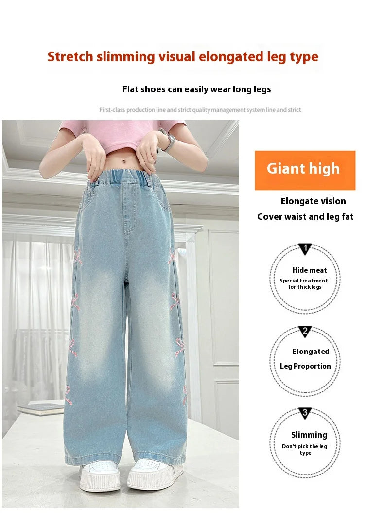 Girls' side pink bow embroidered wide-leg pants 2025 summer thin style slim straight pants suitable for outdoor 5-15 years old