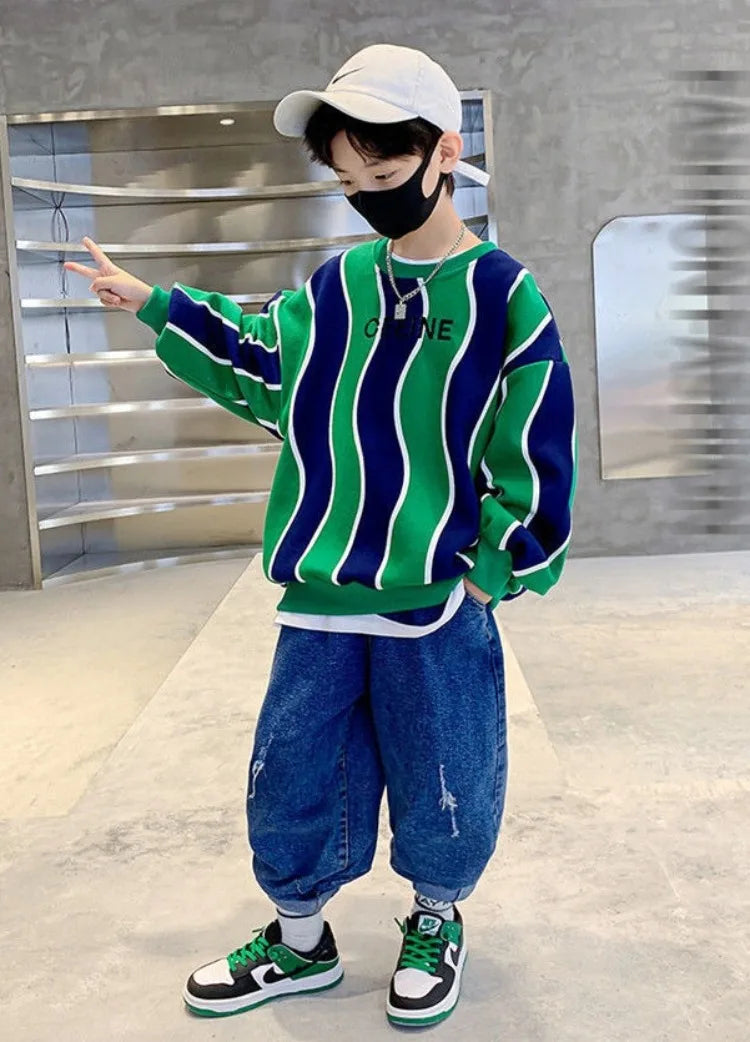 Boys' Medium-Large 2025 New Arrival No Hood Fleece-Lined Spring/Autumn Trendy Cool Kids Sweatshirt