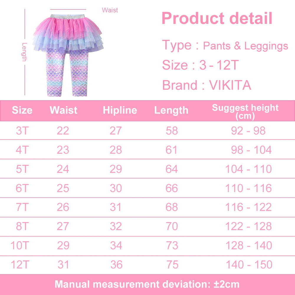 VIKITA Kids Trousers Girls Mermaid Print Leggings with Tutu Skirts Fake 2 Pcs Pants Girls Fashion Trousers Mesh Pants Skirts