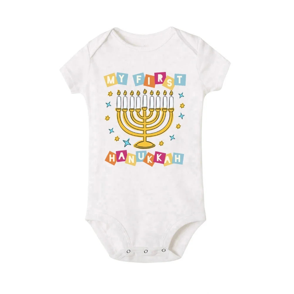 My First Hanukkah Print Baby Bodysuit Boys Girls Jewish Chanukah Short Sleeve Romper Infant Newborn Holiday Outfits Kids Clothes