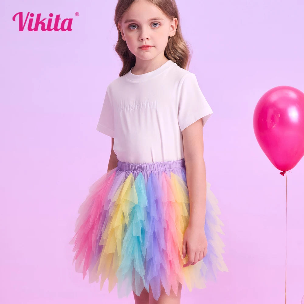 VIKITA Girls Rainbow Multicolor Tutu Skirt Kids Colorful Tulle Ballet Dance Princess Party Layered Mini Skirt 3-10Y Cute Outfit