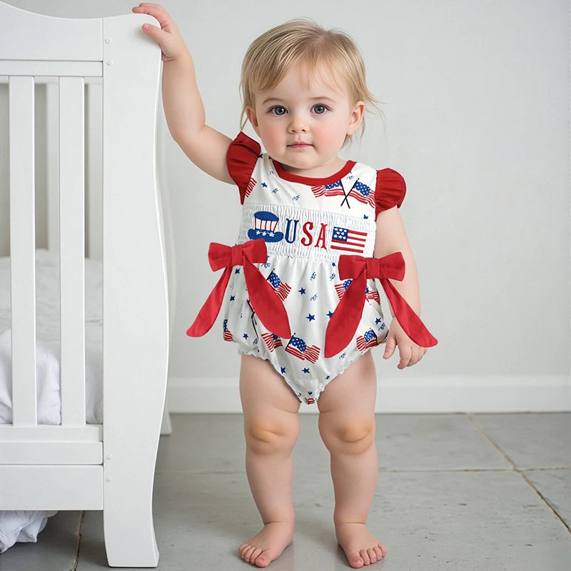 Toddler Girls Patriotic Sleeveless Romper with Ruffled Hem and American Flag Print for 4th of July Celebration