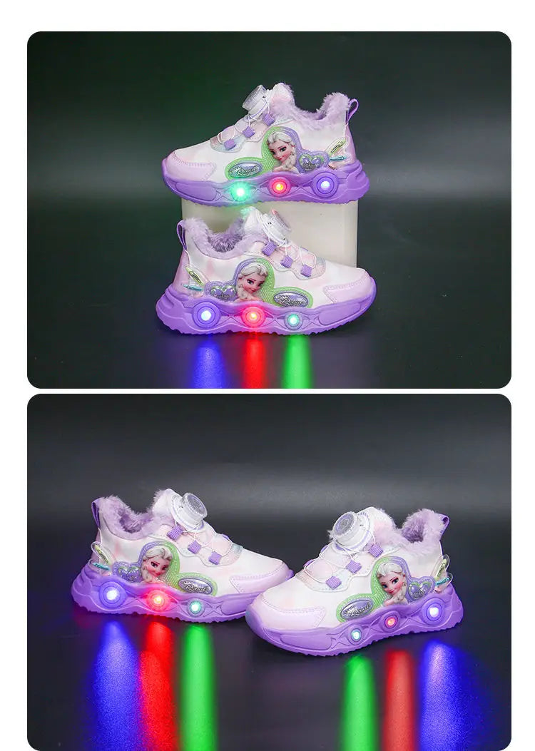 Disney LED Casual Sneakers Pink Purple For Summer Girls Frozen Elsa Princess Print Outdoor Shoes Children Lighted Non-slip Shoes