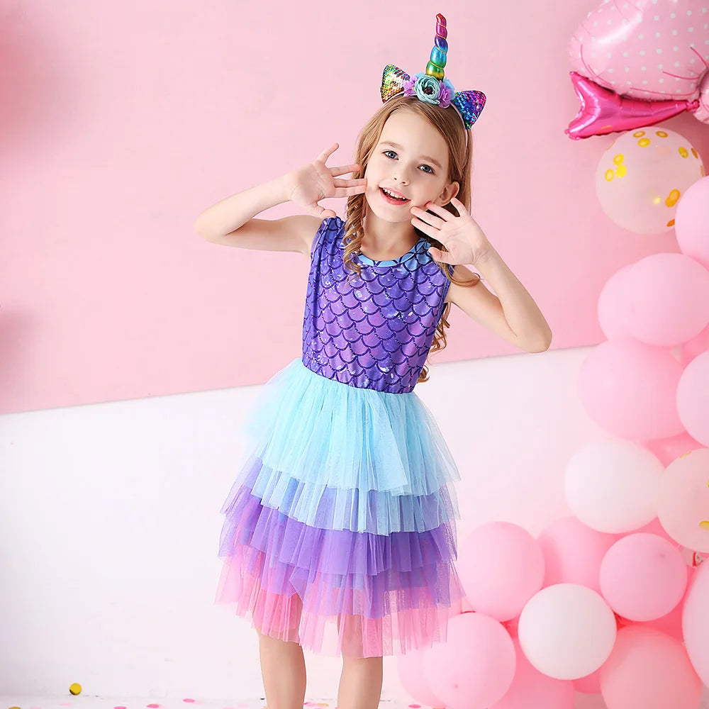 VIKITA Kids Mermaid Print Sleeveless Dress Girls Birthday Party Performance Princess Dresses Girls Mesh Layered Cake Tutu Dress