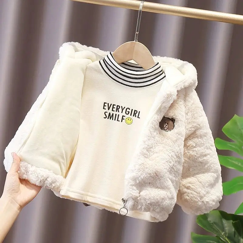 Winter Baby Girls Boys Cartoon Bear Warm Jacket Hooded Outerwear Children Thick Fleece Coat Cashmere Padded Jackets for Kids