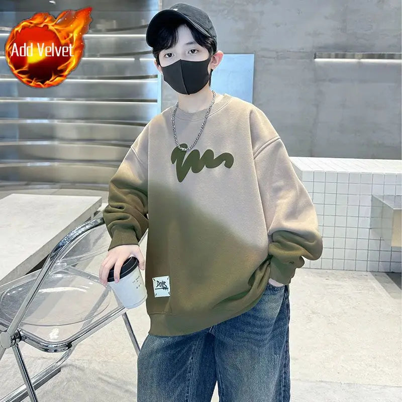 Boys' Medium-Large 2025 Autumn/Winter Trendy Fleece-Lined & Thickened Warm Loose Fit No Hood Sweatshirt