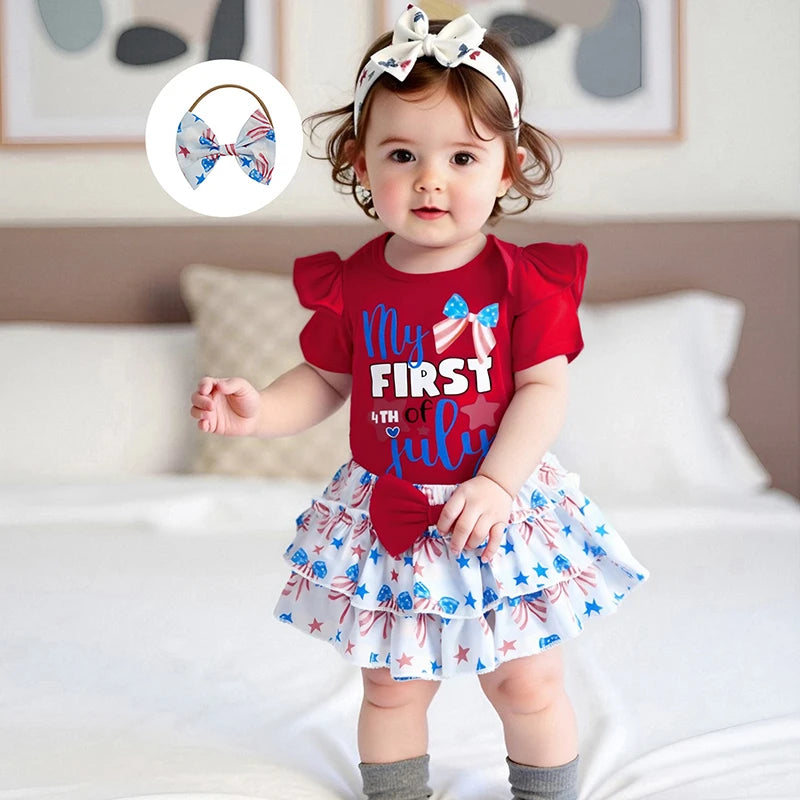 American Flag Print Sleeveless Romper Striped Ruffled Shorts Bow Headband Set for Baby Girl s Independence Day Outfit