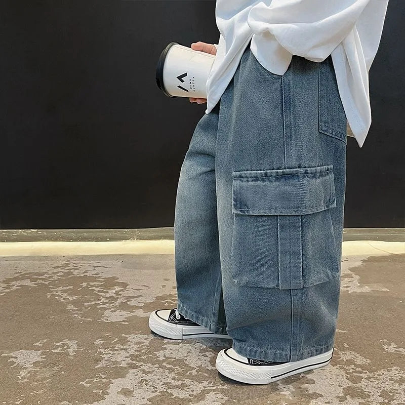 New 2025 Kids Korean Style Vintage Loose Cargo Pocket Straight Leg Jeans Pants - Boys' Denim Straight Jeans Casual Wear