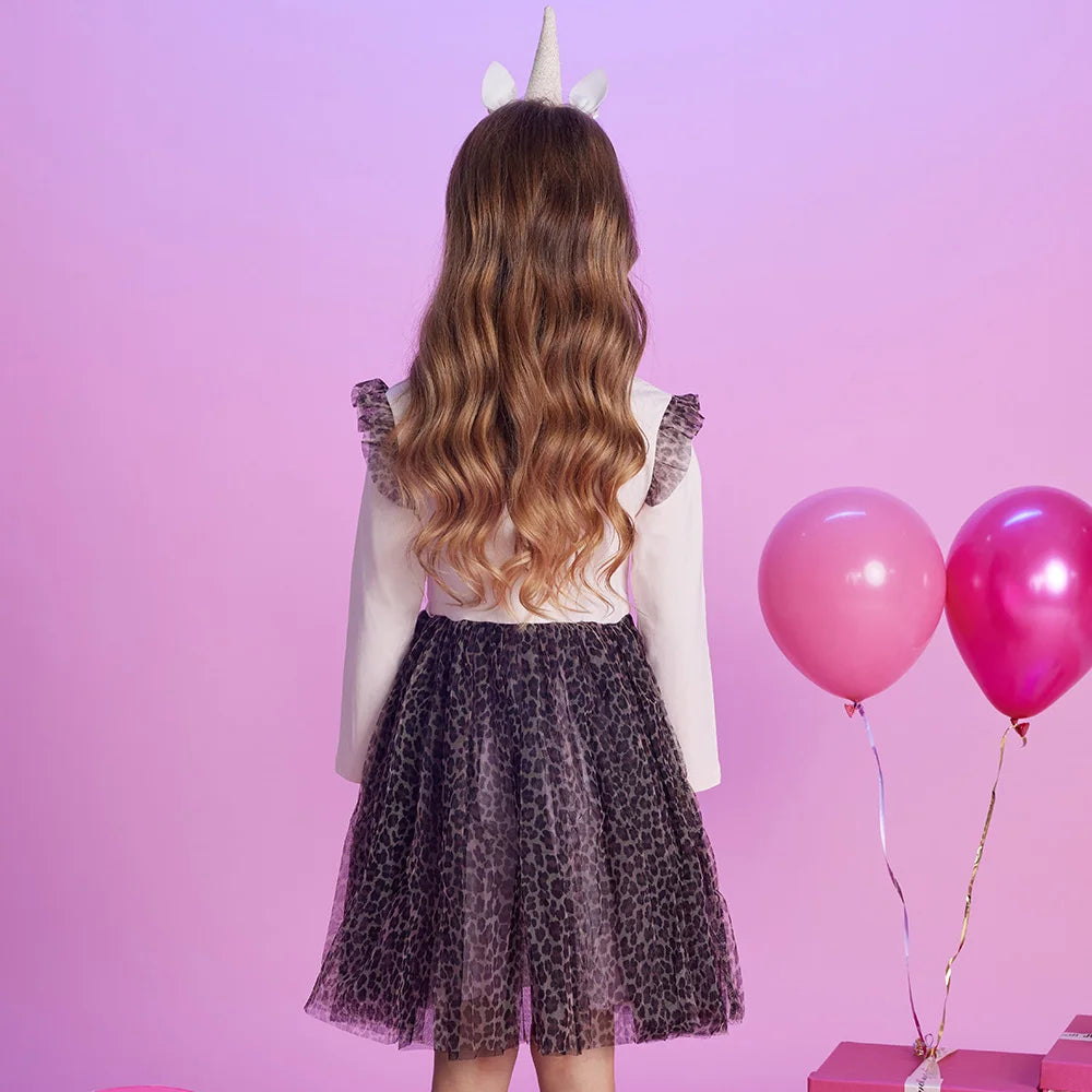 VIKITA Kids Leopard Print Dress Girls Cat Cartoon Flare Sleeve Princess Dresses Girls Autumn Spring Patchwork Fashion Dress