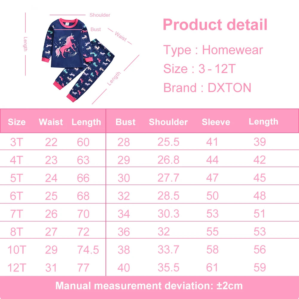 DXTON Kid Cartoon Clothes Sets Nighty Pajamas for Autumn Spring Unicorn Print Tees and Pants Suits Pyjamas Kids Pijamas 2 Pcs