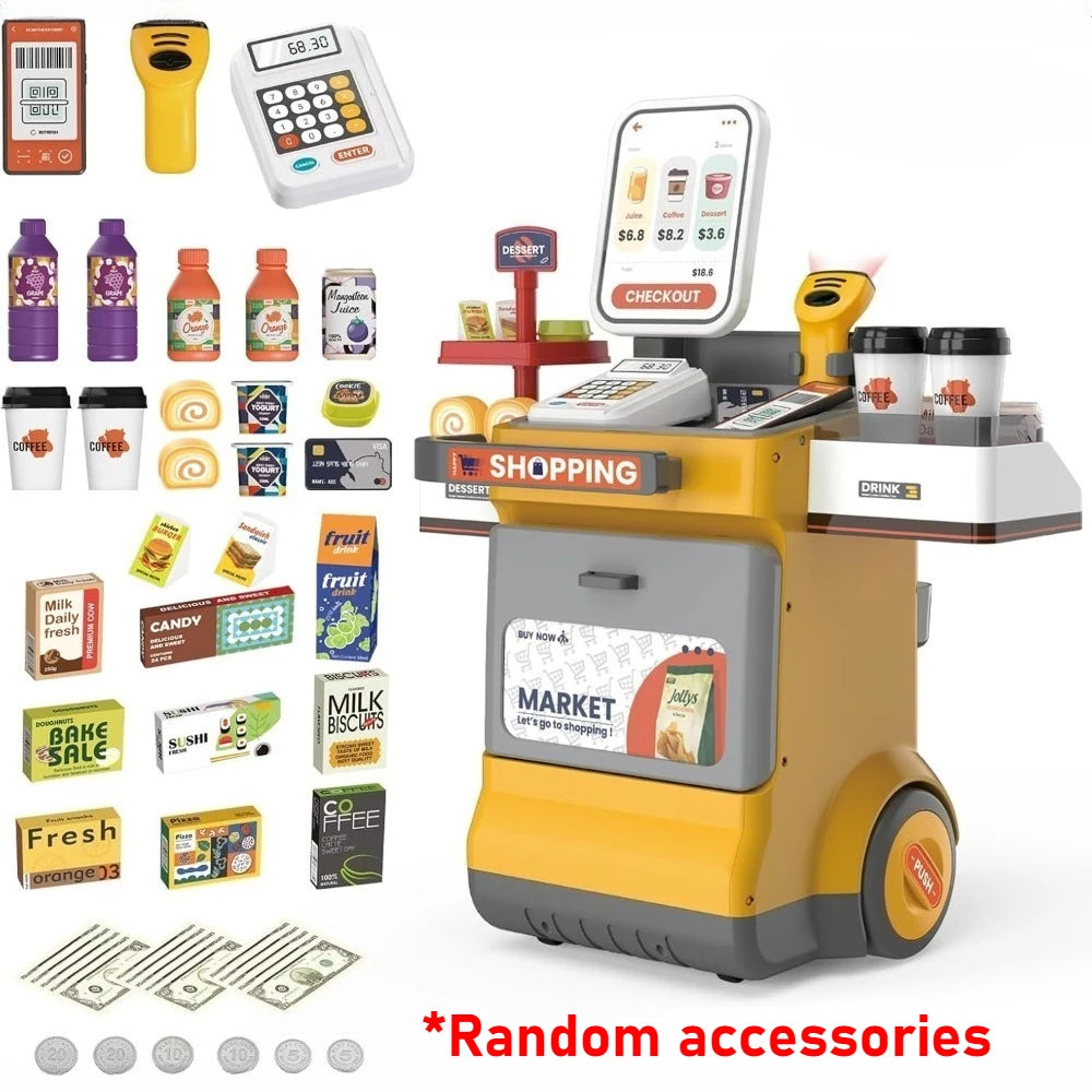 Cash Register Playset for Kids Pretend Play Shopping Money Calculator Scanner Credit Card Play Food for Boys Girls Birthday Gift