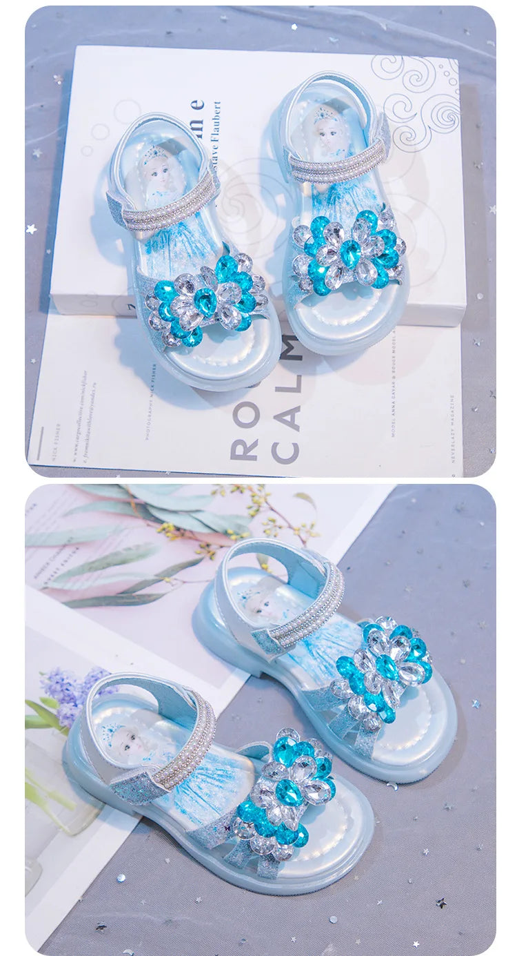 Kids' Sandals Elsa Princess Frozen PU Leather Crystal Summer Flat Shoes For Girls Breathable Anti-slip Blue Pink Size 23-33
