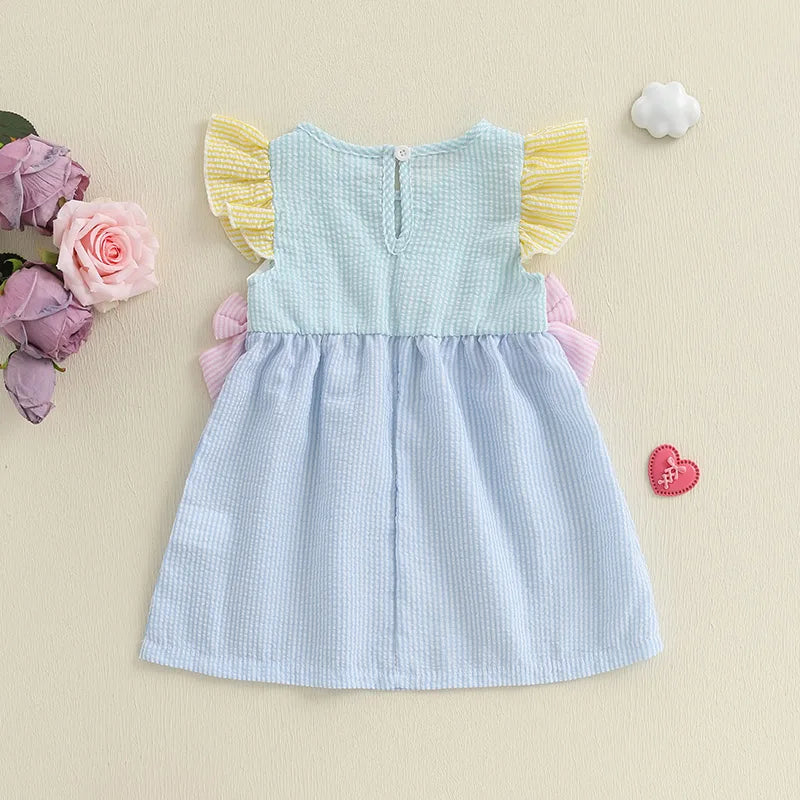 Adorable Infant Girl Sleeveless Dress with Cute Bow Accents Embroidered Letters Striped Design and Ruffled Trim