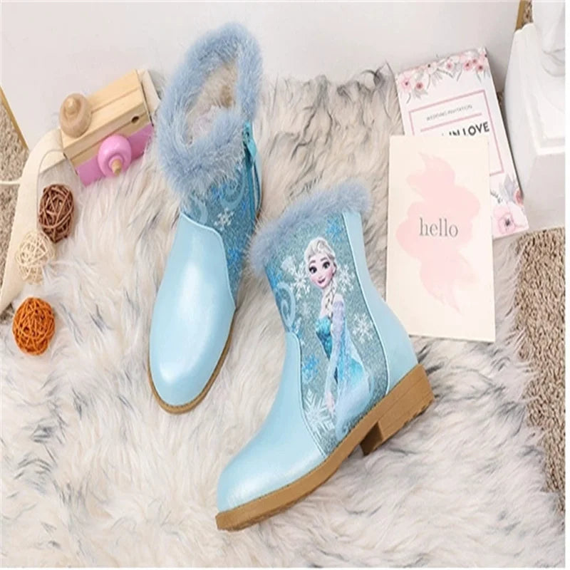 Disney Girls' Boots Winter Fashion Frozen Elsa Princess Children's Short Girls' Cotton Fur Ankle Boots Girls' Pink Shoes Size 25