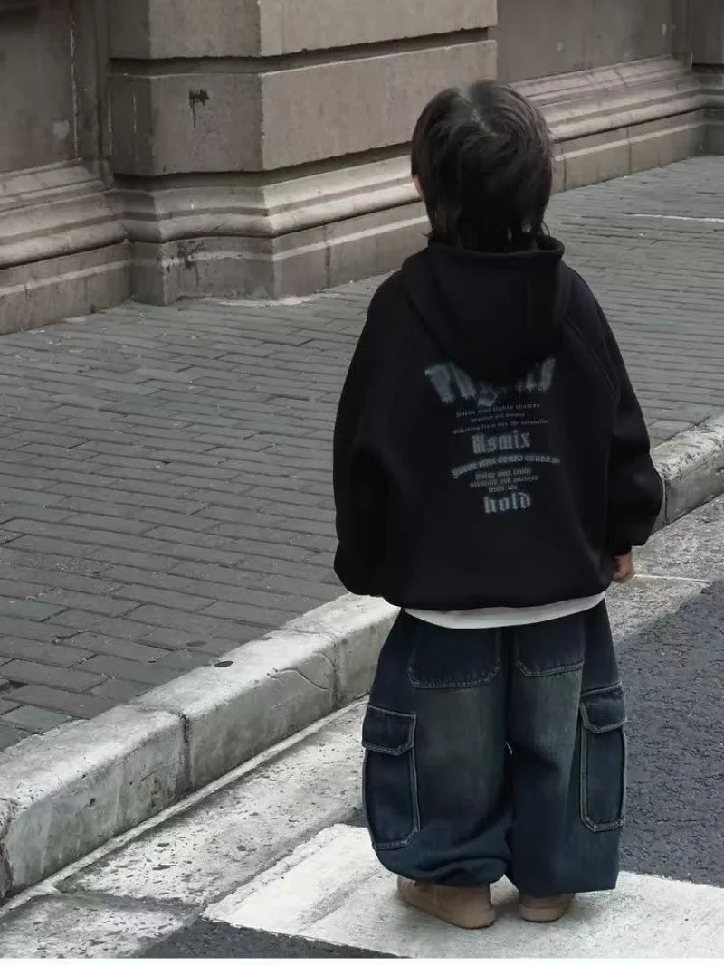 2025 New Boys' Vintage American-Style Mid-Large Slouchy Loose Fit Thickened Fleece-Lined Casual Hoodie for Autumn Winter