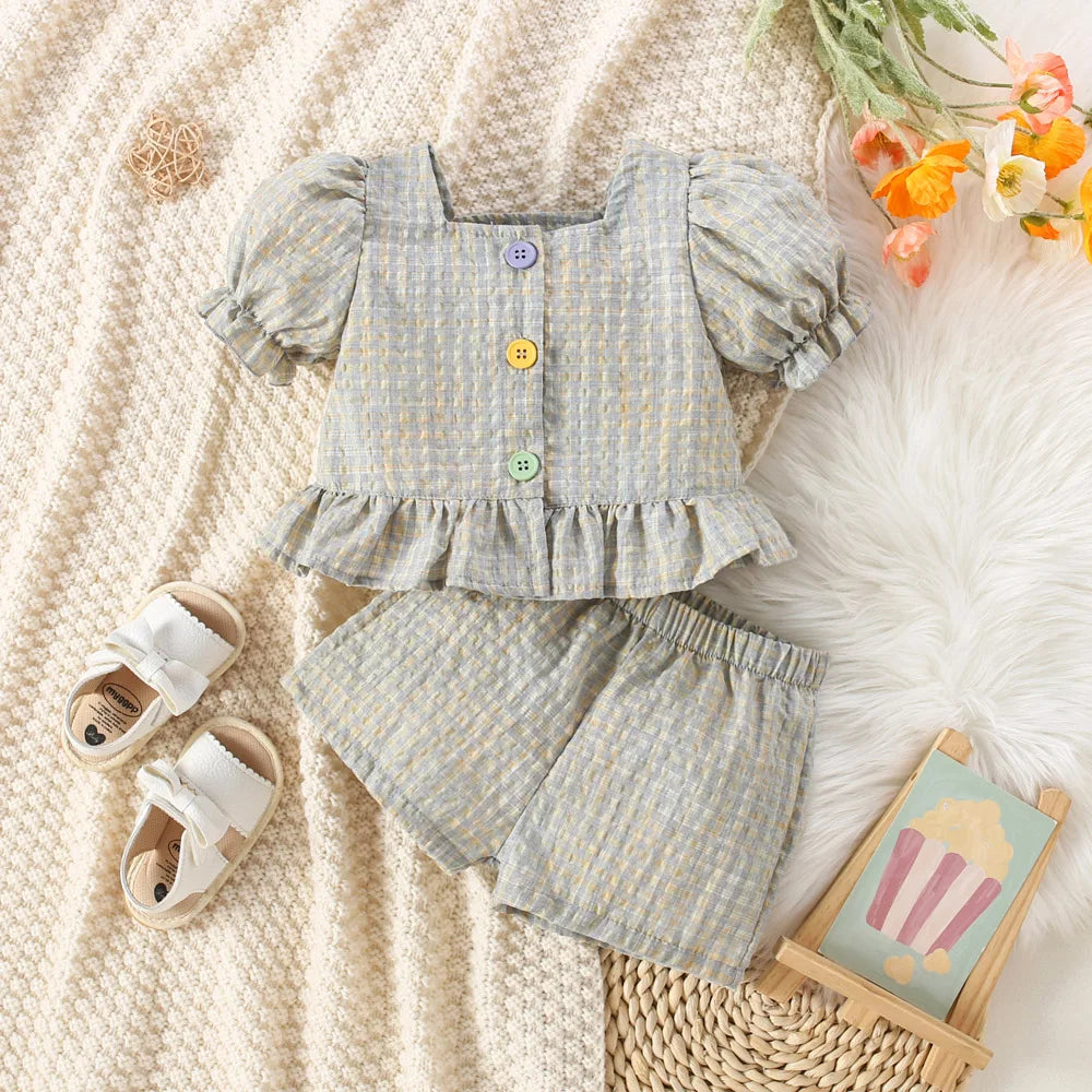 (0-3 Years Old) Summer Baby Girl Cotton Colored Plaid Bubble Sleeve Top and Shorts Set Cute Princess Style Girl Two-piece Set