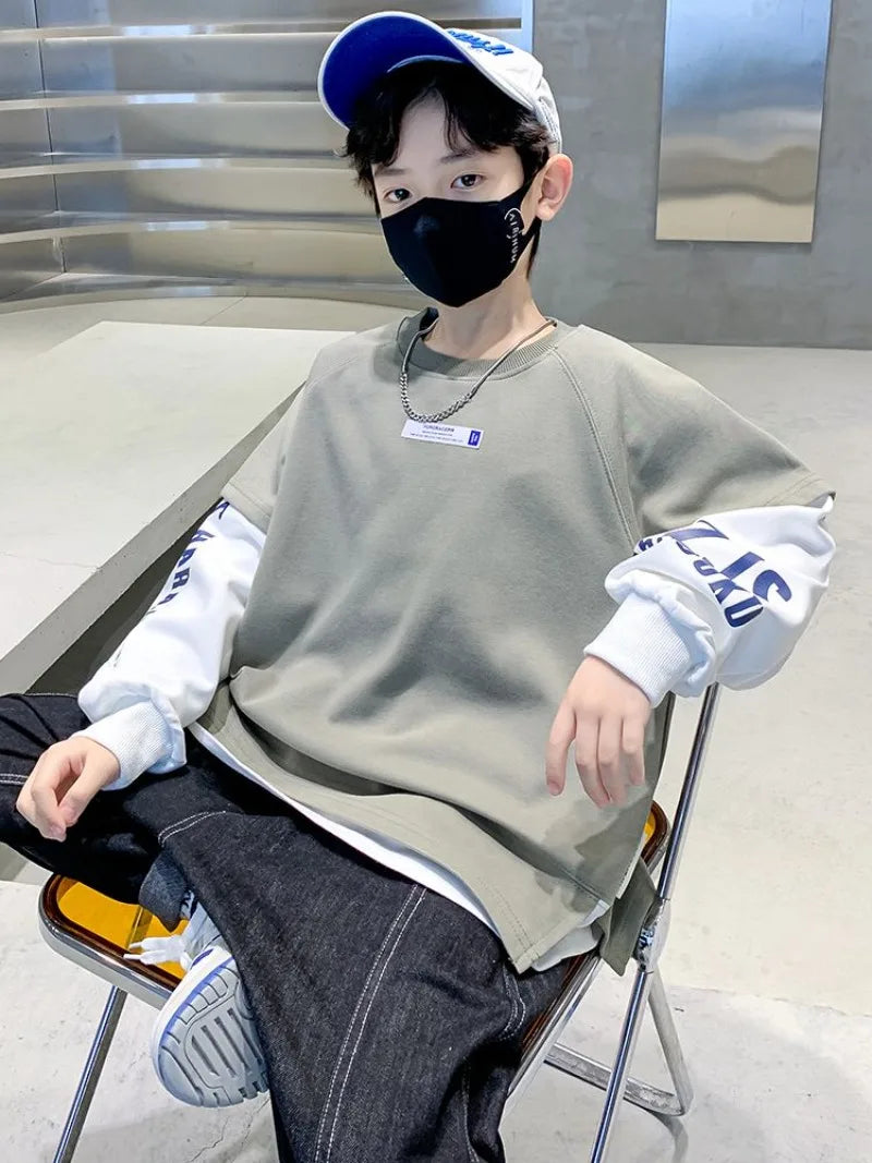 Fake Two Pieces Top Clothes for Children Kids T-shirts Children's Clothing Boys Spring Autumn Oversized T-shirt Boys' Outdoor