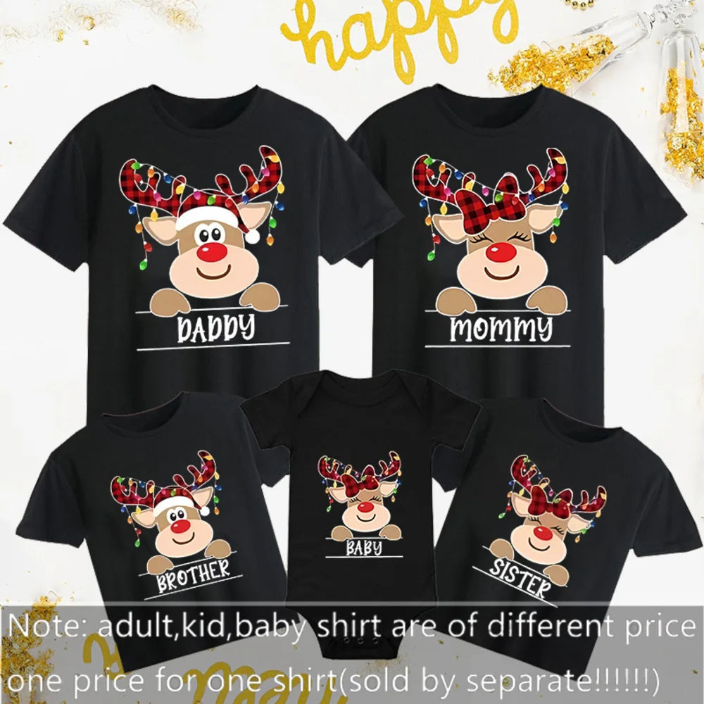 2026 Christmas Shirt Family T-shirt Elk Name Printed Women's T-shirt Men's Clothing Children's Clothing Baby jump