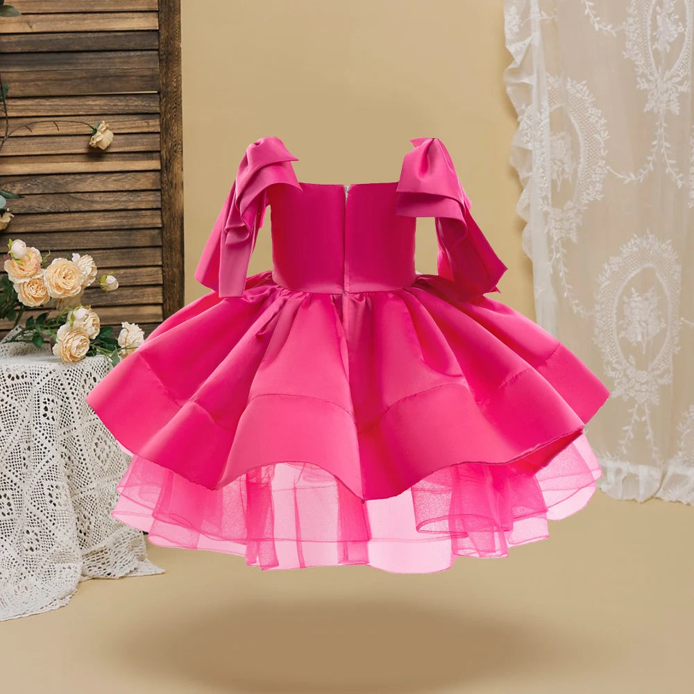 Elegant Pink Bow Girls Party Princess Dress Formal Wedding Bridesmaid Birthday Prom Dresess for Girl Gala Christmas Kids Clothes