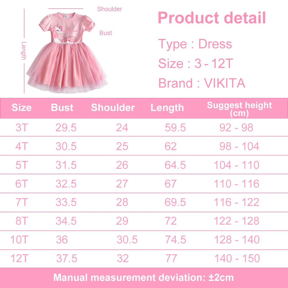 VIKITA Toddlers Pink Unicorn Appliqued Short Sleeve Summer Dress Kids Tulle Mesh Birthday Party Sweet Cute Elegant Prom Gown