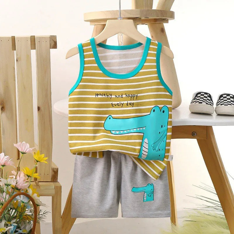 1-6 Y Kids Baby Boys Vest+Shorts 2-Piece Clothing Set Cartoon Printing Summer Girls Cotton Tracksuit Sports Casual Clothes Suit