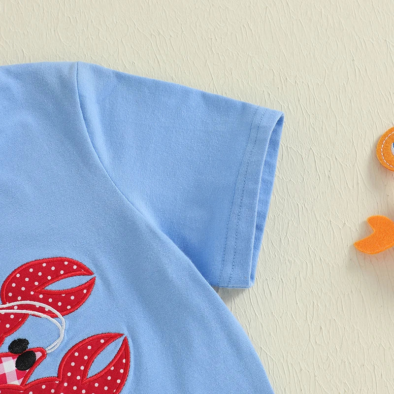 Children s Boys Summer Clothing Set with Cute Lobster Embroidered Short-Sleeve T-Shirt and Elastic Waist Shorts 2-Piece Outfit