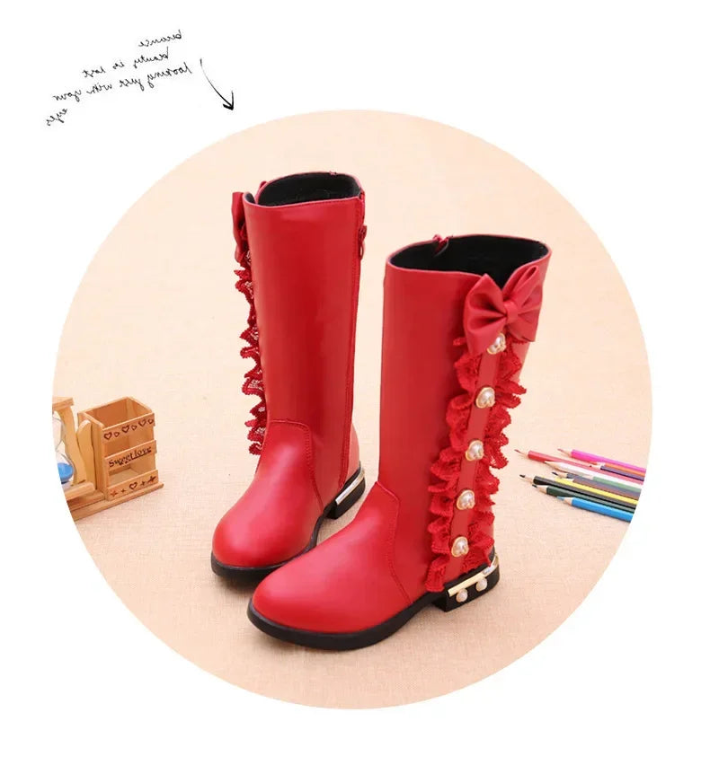 Girls Boots Autumn Winter Kids Princess Boots Lace Pearls with Bow-knot Sweet Warm Cotton Fur Lining Children Long Boots High