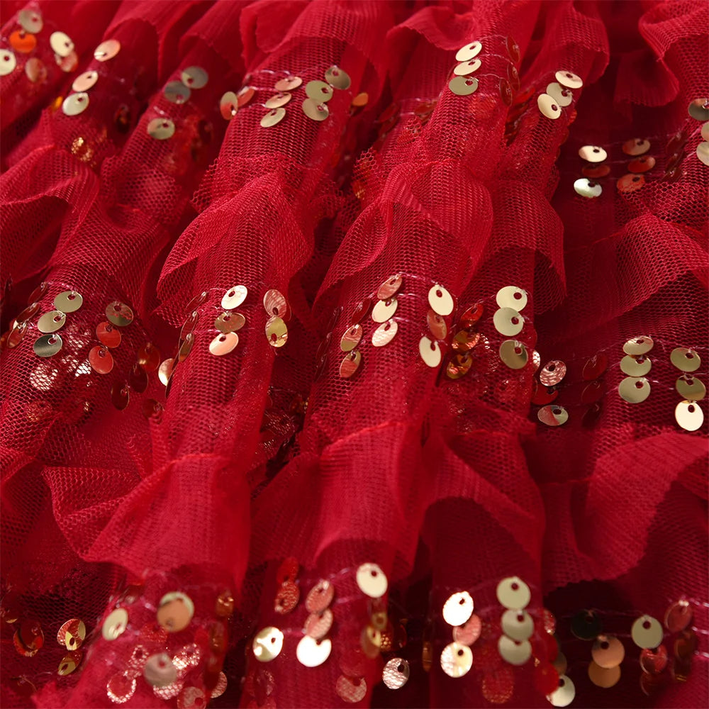 VIKITA Kids New Year Christmas Festival Red Sequined Skirts Girls Layered Mesh Tulle Tutu Cake Princess Mini Skirts Kids Clothes