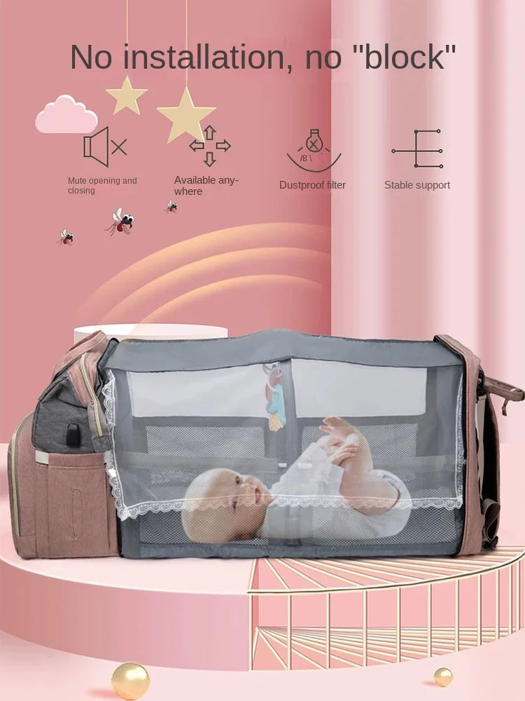 Foldable and Portable Mommy Backpack - with Crib Bed, Straps Large Capacity Diaper Bag Maternity Bag for Baby New Baby Equipment