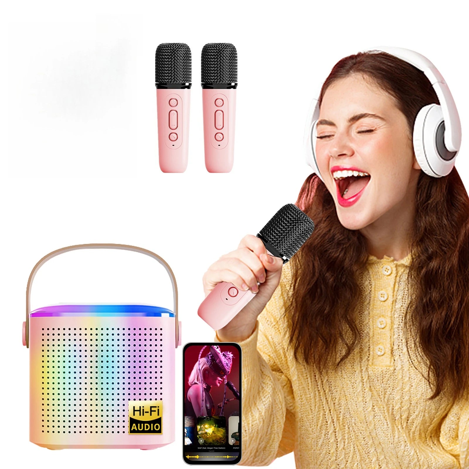 Wireless Karaoke Speaker, RGB Color Lighting, Two Microphones Rechargeable Battery, for Family Karaoke, Parties, Birthday Gifts