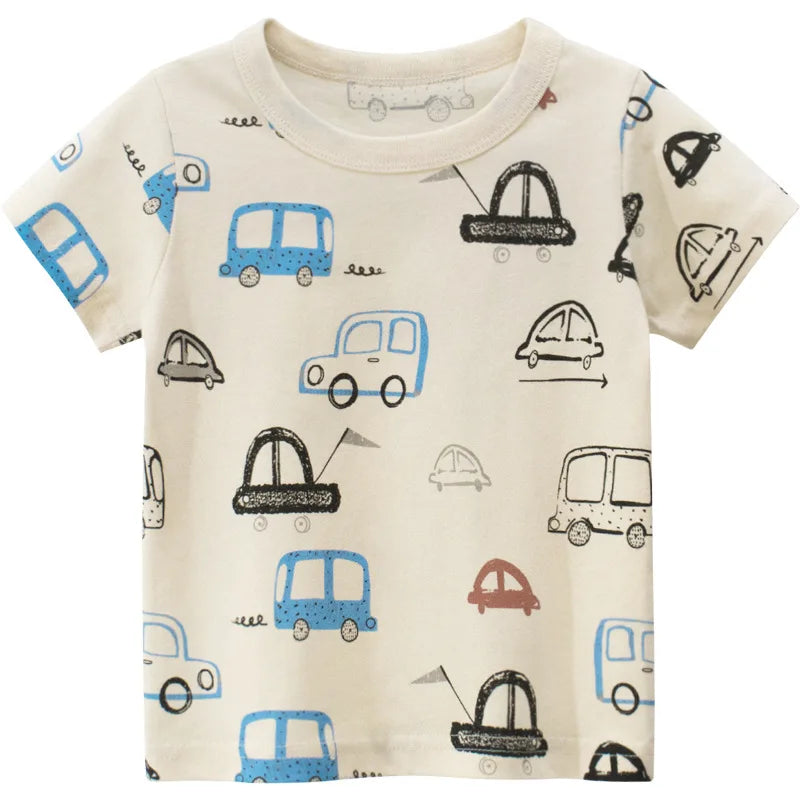 2025 Summer 2 3 4 5 6 8 10 Years Children'S Clothing Dinosaur Car Striped Tees All Match Basic Tops Cartoon T-Shirt For Kids Boy