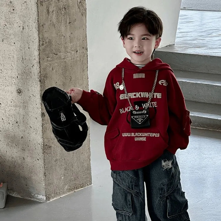 2025 New Boys' Korean-Style Printed Hooded Pullover Hoodie - Baby Autumn Winter Warm Long Sleeve Top